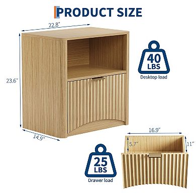 Fluted Nightstand Set of 2, Mid Century Modern Nightstand with Drawer and Storage