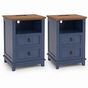 Set of 2 Modern bedside tables with Charging Station Bedside Table, 2 Drawers & Open Shelf