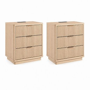 Nightstand Set of 2, 3 Drawers Nightstand Fluted Bedside Table with Outlet, Light Wood Night Stand