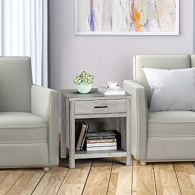 End Table-Modern Wood Beside Table with 1-Drawer ＆ Open Compartment, Small Square Nightstand