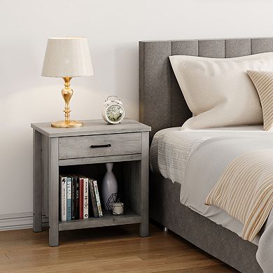 End Table-Modern Wood Beside Table with 1-Drawer ＆ Open Compartment, Small Square Nightstand