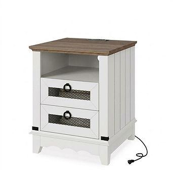 Coffee Table with Charging Station, 18-Inch bedside table, 2 Storage Drawers, Open Shelf, USB Ports