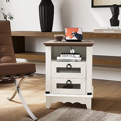 Coffee Table with Charging Station, 18-Inch bedside table, 2 Storage Drawers, Open Shelf, USB Ports