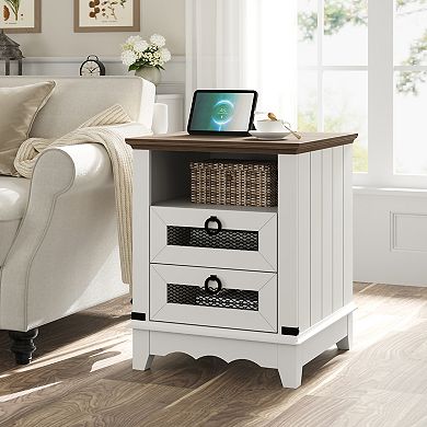 Coffee Table with Charging Station, 18-Inch bedside table, 2 Storage Drawers, Open Shelf, USB Ports