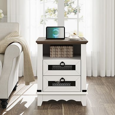 Coffee Table with Charging Station, 18-Inch bedside table, 2 Storage Drawers, Open Shelf, USB Ports