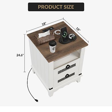 Coffee Table with Charging Station, 18-Inch bedside table, 2 Storage Drawers, Open Shelf, USB Ports