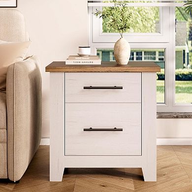 Nightstand with 2 Drawers, Night Stand with Brown Tabletop, Distressed White Bedside Table