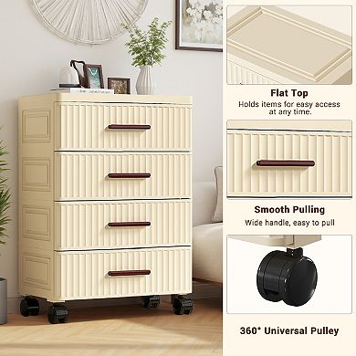 Plastic Drawer Storage, Storage Drawers for Clothes With Wheels, Fluted Design Chest Of Drawers