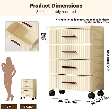 Plastic Drawer Storage, Storage Drawers for Clothes With Wheels, Fluted Design Chest Of Drawers