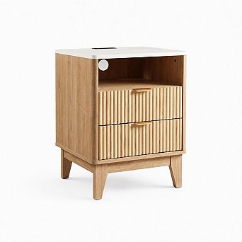 Nightstand with Charging Station, 18" Bedside Table with Faux Marble Top, 2 Drawer Oak Nightstand
