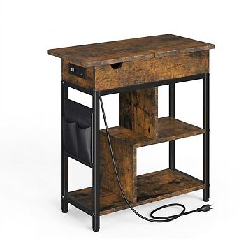 End Table with Charging Station 3 tier Narrow Bedside Table with USB Ports, Outlets