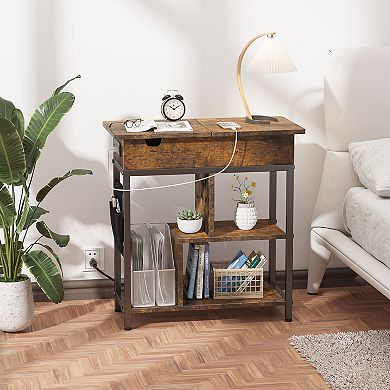 End Table with Charging Station 3-Tier Narrow Bedside Table with USB Ports, Outlets