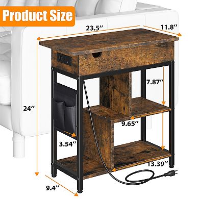 End Table with Charging Station 3-Tier Narrow Bedside Table with USB Ports, Outlets