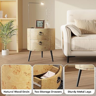 Round Side Table Sleek Black or White Finish, Drawer for Storage, Metal Legs, Accent End Table