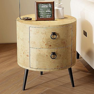 Round Side Table Sleek Black or White Finish, Drawer for Storage, Metal Legs, Accent End Table