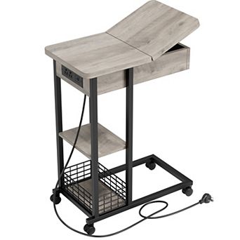 C-Shaped End Table, Flip Top Table with Charging Station, Lockable Wheels, 3 tier Storage Shelves