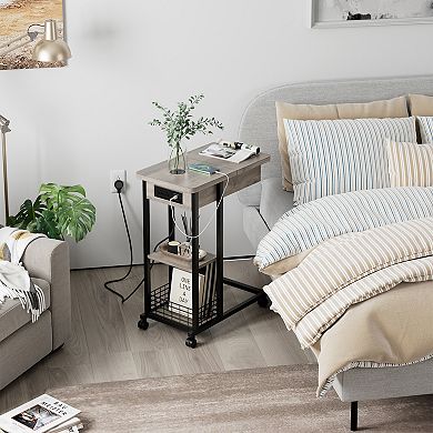 C-Shaped End Table, Flip Top Table with Charging Station, Lockable Wheels, 3 Tier Storage Shelves