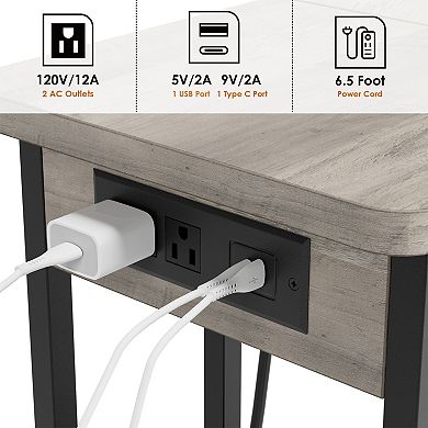 C-Shaped End Table, Flip Top Table with Charging Station, Lockable Wheels, 3 Tier Storage Shelves
