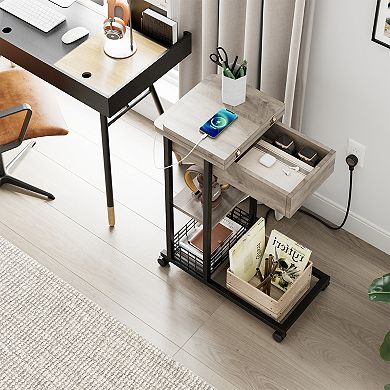 C-Shaped End Table, Flip Top Table with Charging Station, Lockable Wheels, 3 Tier Storage Shelves