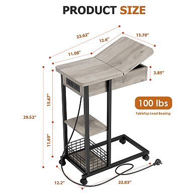 C-Shaped End Table, Flip Top Table with Charging Station, Lockable Wheels, 3 Tier Storage Shelves