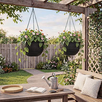 Self Watering Hanging Planter, 2 Pack Resin Rattan Basket with Drainage Plug, Deep Inner Pot