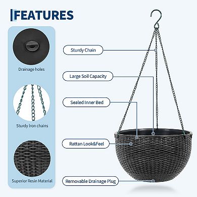 Self Watering Hanging Planter, 2 Pack Resin Rattan Basket with Drainage Plug, Deep Inner Pot