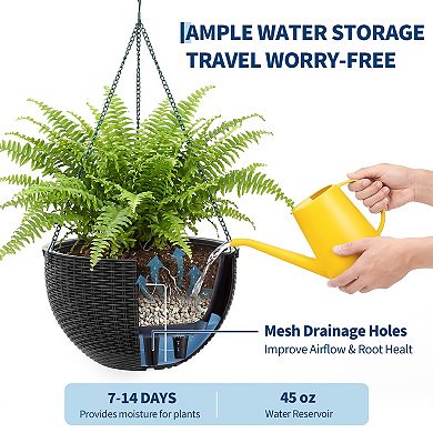 Self Watering Hanging Planter, 2 Pack Resin Rattan Basket with Drainage Plug, Deep Inner Pot