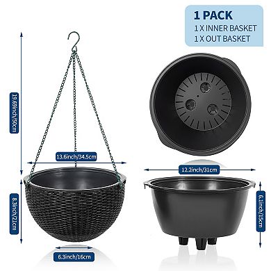 Self Watering Hanging Planter, 2 Pack Resin Rattan Basket with Drainage Plug, Deep Inner Pot