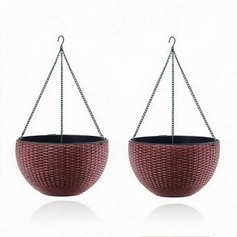 Self Watering Hanging Planter, 2 Pack Resin Rattan Basket with Drainage Plug, Deep Inner Pot
