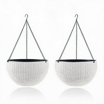 Self Watering Hanging Planter, 2 Pack Resin Rattan Basket with Drainage Plug, Deep Inner Pot