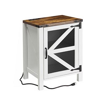 Charging Coffee Table - Rustic Wooden End Table with Barn Door, Storage Shelf, USB Ports & Outlets