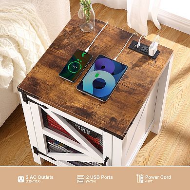 Charging Coffee Table - Rustic Wooden End Table with Barn Door, Storage Shelf, USB Ports & Outlets