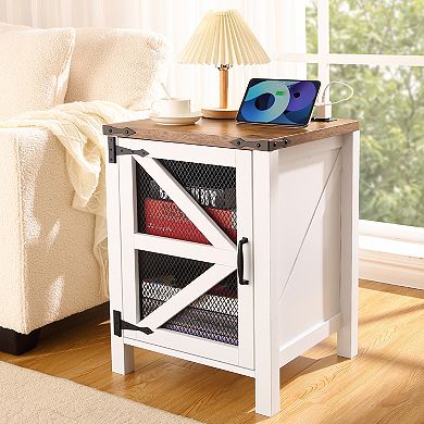 Charging Coffee Table - Rustic Wooden End Table with Barn Door, Storage Shelf, USB Ports & Outlets