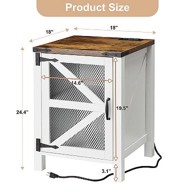 Charging Coffee Table - Rustic Wooden End Table with Barn Door, Storage Shelf, USB Ports & Outlets