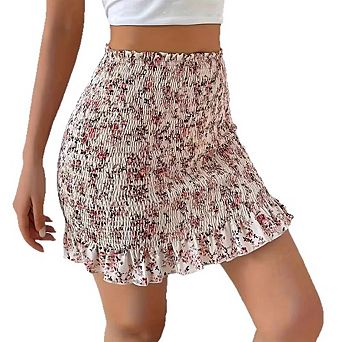 Women's High Waist Floral Shirred Ruffled Mini Skirt Chiffon Vacation Beach Casual Skirt