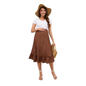 Maternity High Waist Floral Leopard Print Midi Skirt Casual Elastic Waist Ruffle Hem A Line Skirt