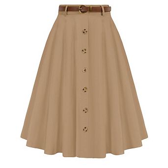 Women's High Waist Button Front A-Line Midi Skirt with Belt Vintage Casual Daily Skirt