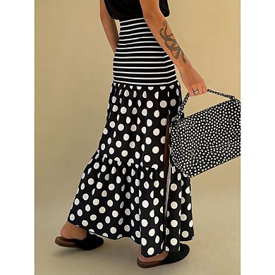 Women's Polka Dot Striped Patchwork Maxi Skirt with Slit Vacation Beach Casual Long Skirt