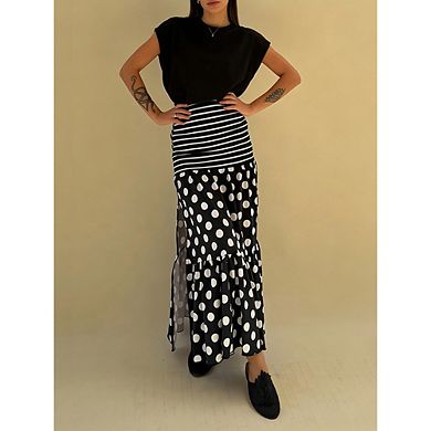 Women's Polka Dot Striped Patchwork Maxi Skirt with Slit Vacation Beach Casual Long Skirt