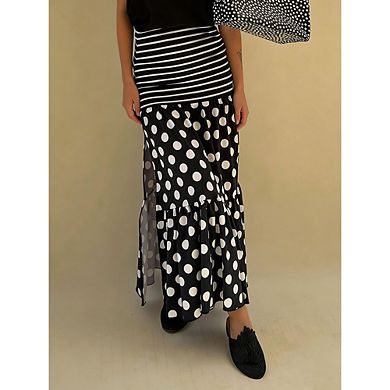 Women's Polka Dot Striped Patchwork Maxi Skirt with Slit Vacation Beach Casual Long Skirt
