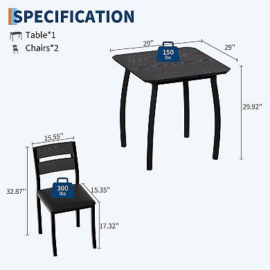 Modern 3 Piece Dining Table Set for 2, Space-Saving Kitchen Furniture, Upholstered Chairs for Home
