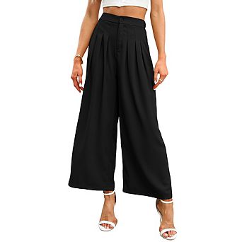 Women High Waisted Pleated Wide Leg Pants Flowy Straight Leg Cropped Trousers Casual Workwear Pants