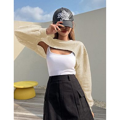 Women Hollow Out Cropped Knit Top Long Sleeve Waffle Mesh Pullover Casual Layering Crop Sweater