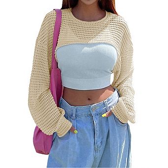 Women Hollow Out Cropped Knit Top Long Sleeve Waffle Mesh Pullover Casual Layering Crop Sweater
