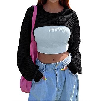 Women Hollow Out Cropped Knit Top Long Sleeve Waffle Mesh Pullover Casual Layering Crop Sweater