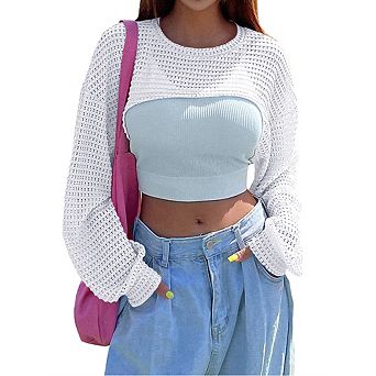 Women Hollow Out Cropped Knit Top Long Sleeve Waffle Mesh Pullover Casual Layering Crop Sweater
