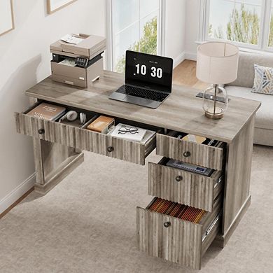 Executive Desk 54" Writing Computer Table with File Drawers, Storage Cabinet & Charging Station