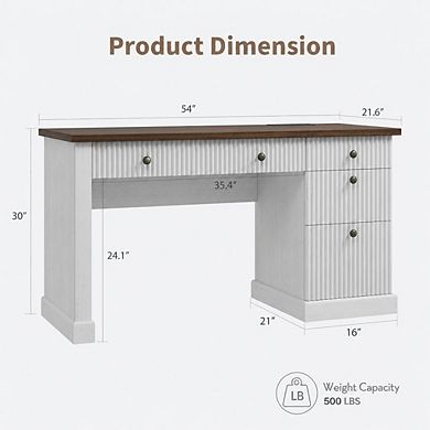 Executive Desk 54" Writing Computer Table with File Drawers, Storage Cabinet & Charging Station