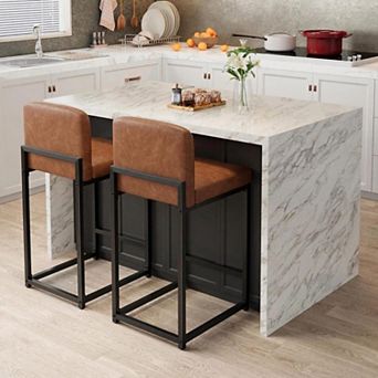 Counter Height Bar Stools Set of 2, 35 Inch Barstools, Kitchen Stools with Heavy Duty Metal Base