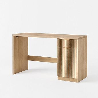 Fluted Computer Desk, Farmhouse Executive Desk with Drawer and Storage Cabinet, Wooden Office Table